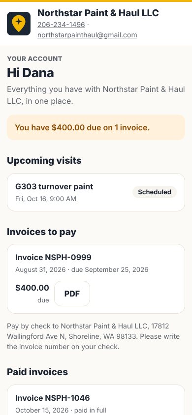 Customer page showing an amount due, upcoming visits and invoices to pay